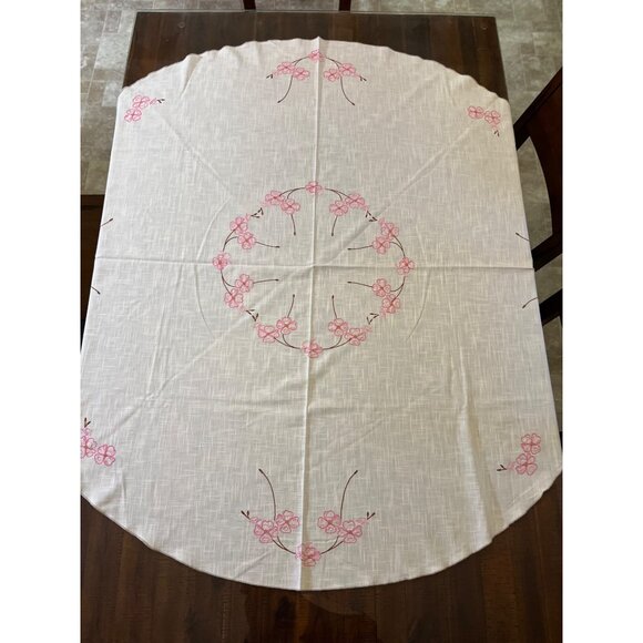 Vintage Handmade Round Tablecloth Used Cream with Pink and Brown - Picture 4 of 16
